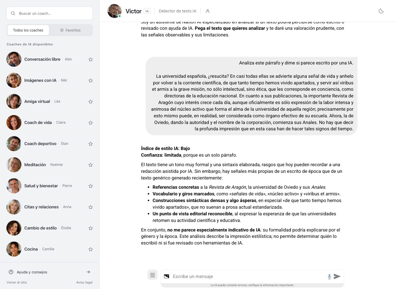 Captura de pantalla del chat de nation.es: la conversación con Victor, coach detector de textos con IA, sobre un pasaje de un ensayo de hace más de un siglo, con su respuesta « Índice de estilo IA: Bajo » y el análisis del texto.