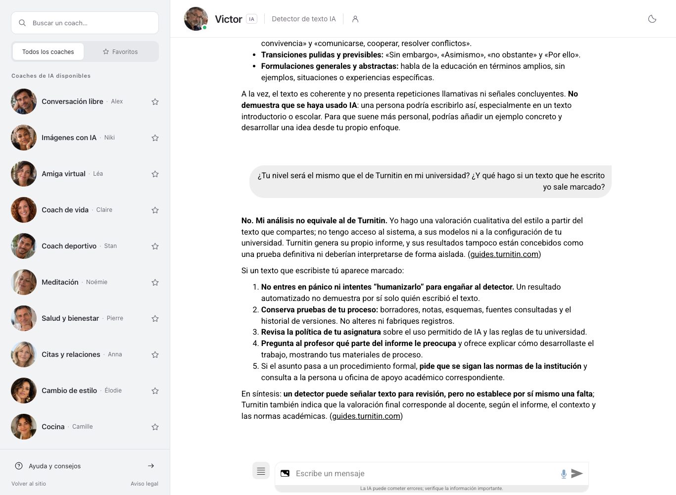 Captura de pantalla del chat de nation.es: Victor explica que su análisis no equivale al informe de la universidad y aconseja conservar las pruebas del proceso y revisar las normas si un texto propio sale marcado.
