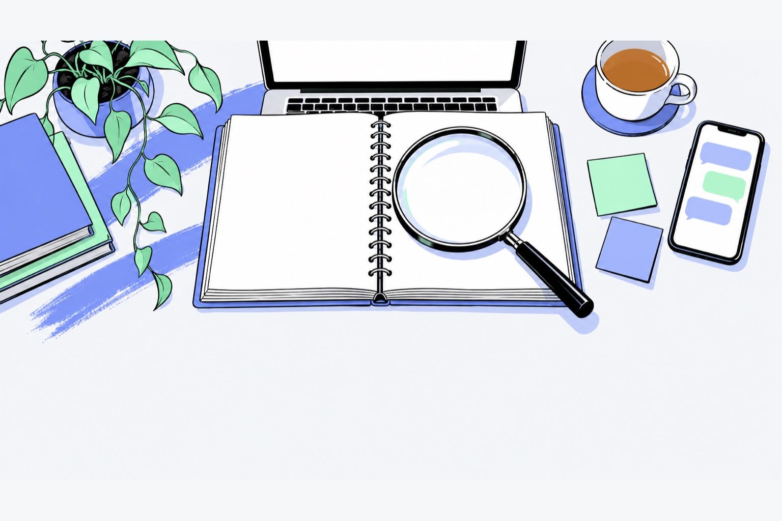 Ilustración vista desde arriba del escritorio de una estudiante la víspera de la entrega: un TFG en espiral abierto en páginas en blanco bajo una gran lupa, un portátil con la pantalla vacía encima, un móvil que muestra una conversación de burbujas en tonos malva y menta, una taza de té y dos notas adhesivas, un toque de pintura malva y una planta a la izquierda; la parte inferior de la imagen es un espacio gris claro vacío.