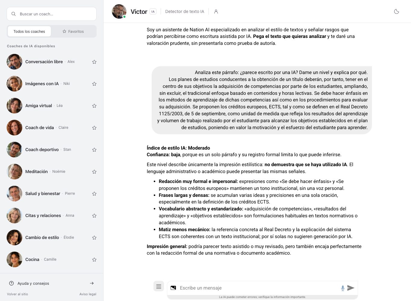Captura de pantalla del chat de nation.es: el preámbulo del Real Decreto 1393/2007 analizado por Victor, con el índice de estilo IA en nivel moderado y la confianza baja de la lectura.