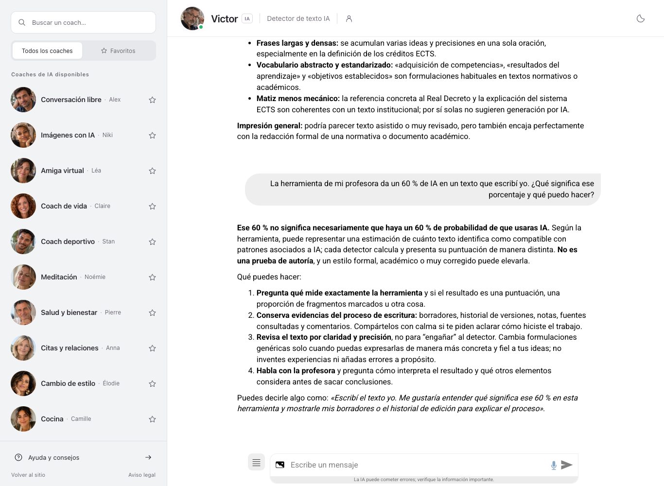 Captura de pantalla del chat de nation.es: la pregunta de una estudiante sobre un 60 % de IA en su texto y la respuesta de Victor, con los pasos a seguir y la frase que decirle a la profesora.