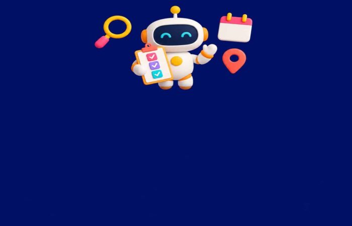 Ilustración 3D de un agente de IA: pequeño robot con una lista de tareas marcadas e iconos de herramientas flotantes sobre fondo azul noche