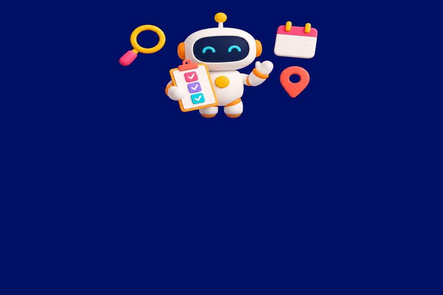 Ilustración 3D de un agente de IA: pequeño robot con una lista de tareas marcadas e iconos de herramientas flotantes sobre fondo azul noche