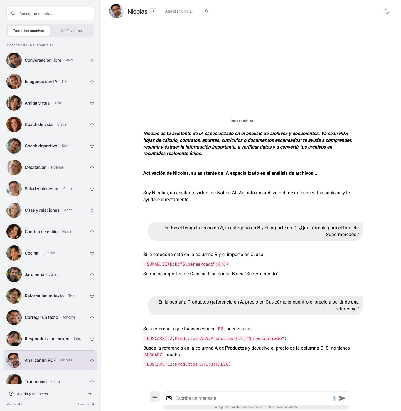 Captura del chat de Nation: la lista de coaches a la izquierda, las dos preguntas sobre el total del supermercado y sobre el precio que esconde una referencia, y las fórmulas SUMAR.SI, BUSCARX y BUSCARV de Nicolas en la conversación
