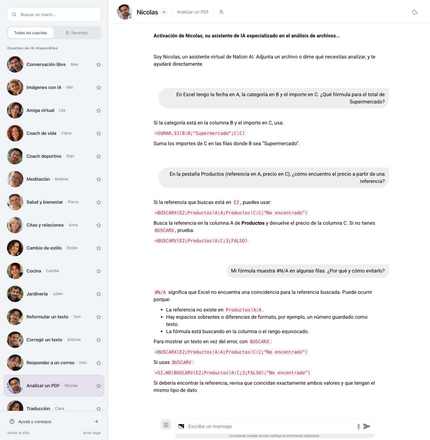 Captura del chat de Nation: la pregunta sobre el error #N/A y la respuesta de Nicolas, que repasa las posibles causas y da las fórmulas BUSCARX y SI.ND que enseñan un mensaje claro en lugar del error