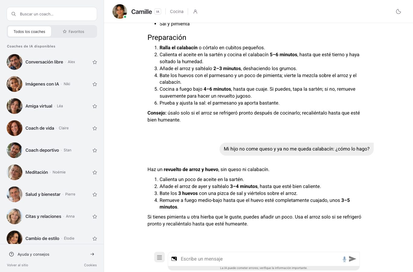 Captura del chat de Nation: el mensaje que anuncia un queso rechazado en casa y un calabacín desaparecido, y la nueva receta de Camille, un revuelto de arroz y huevo
