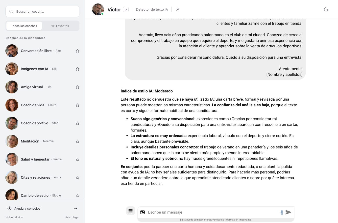 Captura de pantalla del chat de Nation: la cabecera del coach Victor, detector de texto IA, y su respuesta a la carta enviada, que empieza por « Índice de estilo IA: Moderado »