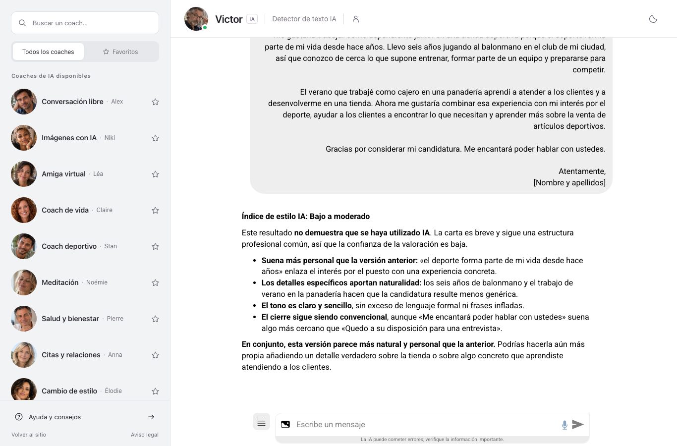 Captura de pantalla del chat de Nation: la respuesta de Victor a la segunda versión de la carta, que empieza por « Índice de estilo IA: Bajo a moderado »