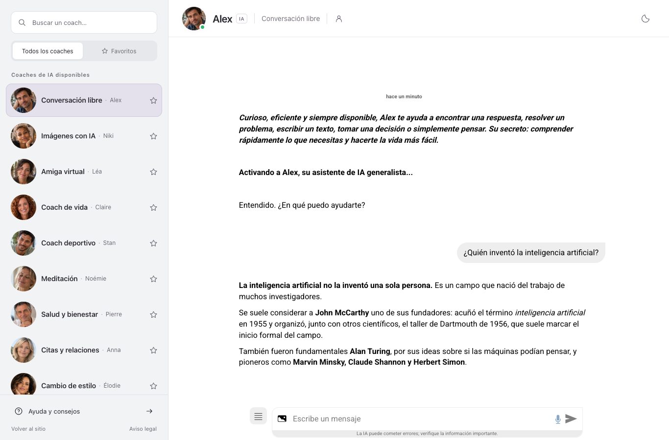 Captura del chat de Nation: la pregunta sobre el origen de la inteligencia artificial y la respuesta de Alex en tres párrafos, que cita a John McCarthy, 1955, el taller de Dartmouth de 1956, Turing, Minsky, Shannon y Simon