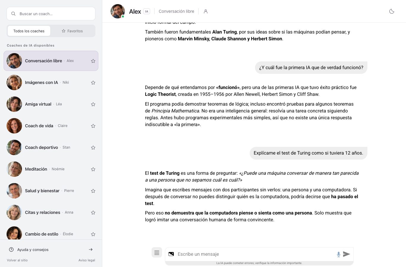Captura del chat de Nation: la respuesta de Alex sobre Logic Theorist y su explicación del test de Turing con palabras sencillas