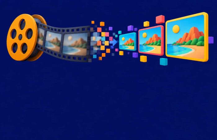 Ilustración 3D de una bobina de película y miniaturas de vídeo que aumentan de resolución, sobre un fondo azul marino