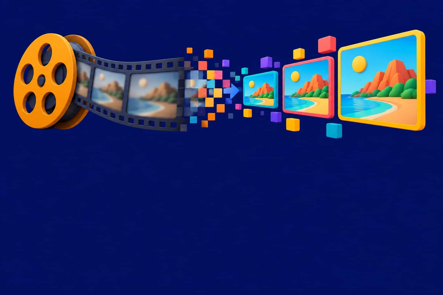 Ilustración 3D de una bobina de película y miniaturas de vídeo que aumentan de resolución, sobre un fondo azul marino